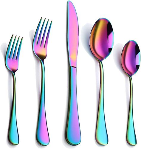 Rainbow Silverware, Colorful Cutlery, Spoon Mirror, Rose Gold Flatware, Black Cutlery, Black Flatware, Rainbow Colour, Gold Flatware, Eating Utensils