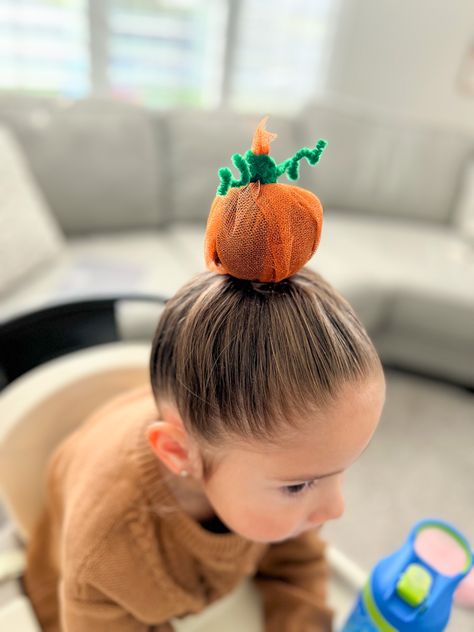 Pumpkin Patch Hairstyles Kids, Crazy Hair Day Toddler Girl, Pumpkin Buns Hair, Halloween Toddler Hairstyles, Toddler Halloween Hairstyles, Toddler Halloween Hair, Pumpkin Hairstyle, Halloween Hairstyles For Kids, Modern Mohawk