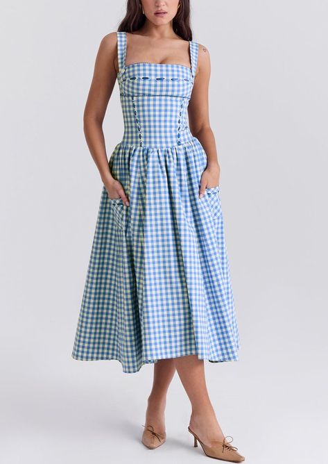 French Women Style, Elegante Y Chic, Marine Uniform, Midi Sundress, Beautiful Dresses For Women, Summer Fashion Dresses, Sling Dress, House Of Cb, Blue Gingham