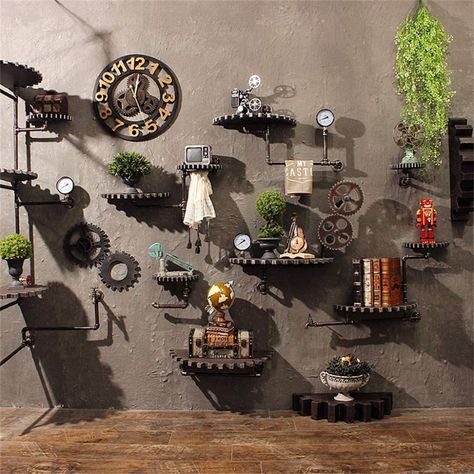 Steampunk Wall Decor, Steampunk Rooms, Industrial Wall Art, Industrial Wall Decor, Steampunk Wall, Steampunk House, Loft Stil, Wall Hanging Shelves, Steampunk Decor