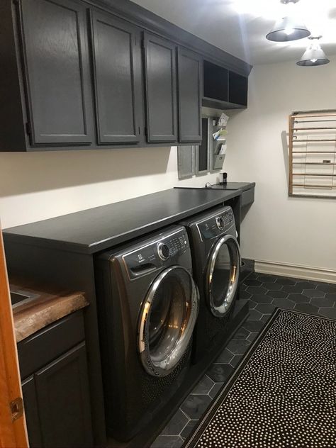 DIY laundry room update. Fresh paint, dark walnut natural edge sink counter, washer & dryer enclosure and pet dog bowl station. Washer Dryer Enclosure, Dog Bowl Station, Diy Laundry Room, Sink Counter, Laundry Room Update, Laundry Room Renovation, House Makeover, Laundry Room Diy, House Color Schemes