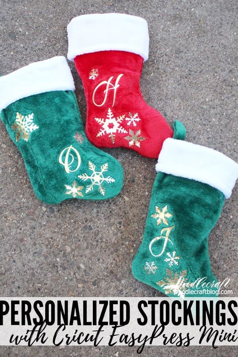 Customize Christmas stockings with Cricut Iron-on and EasyPress. Make the holidays bright with personalized gifts. Diy Personalized Christmas Stocking, Cricut Stockings Christmas, Christmas Stocking Cricut Projects, Christmas Stocking Cricut, Stockings Cricut, Cricut Christmas Stocking, Cricut Stocking Names, Cricket Christmas Stocking, How To Put Names On Stockings Diy