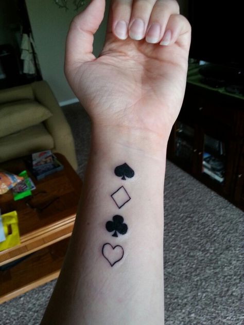 Spades, diamonds, clubs, hearts tattoo. Sibling Card Tattoos, Spades Hearts Diamonds Clubs Tattoo, Heart Spade Diamond Club Tattoo, Playing Card Tattoo Ideas For Men, Club Tattoo Card, Card Themed Tattoo, Suits Of Cards Tattoo, Playing Card Suits Tattoo, A Of Spades Tattoo