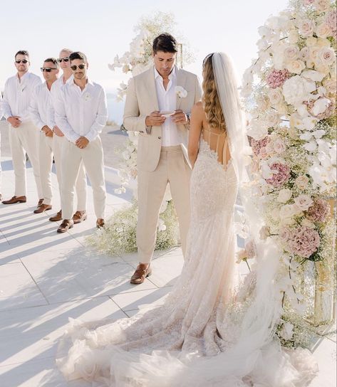 Bride and groom say do personal vows Groom Sand Suit, Cream Color Groom Suit, Groomsmen Suits Beach Wedding, Beige Suit For Groom, Groom In All White, Tan Suites Wedding, Light Beige Groomsmen Suits, Bride And Groom White Attire, Mexico Wedding Groom Attire