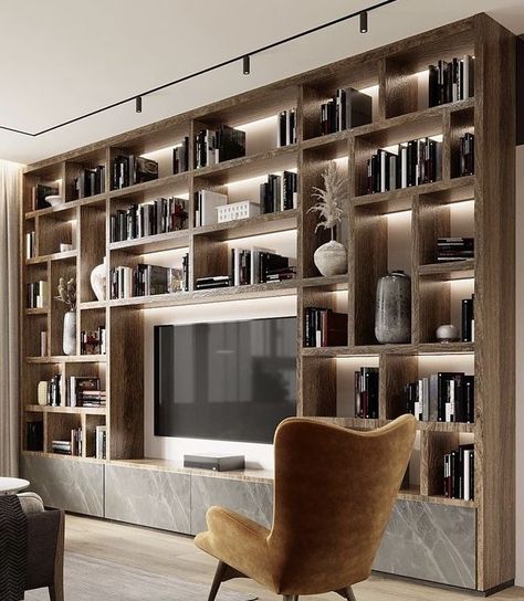 Tv Wall Bookshelves, House Interior Bedroom, Home Library Rooms, Built In Shelves Living Room, Living Room Wall Units, Bookshelves In Living Room, Home Library Design, Living Room Design Inspiration, Basement Design Ideas