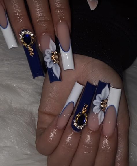 Nail Inspo Coffin 3d Flower, Navy Blue Nails With 3d Flowers, Navy Rhinestone Nails, Dark Blue Nails For Graduation, Dark Royal Blue Nails Acrylic, Navy Quince Nails, Navy Blue Masquerade Quince, Acrylic Dark Blue Nails, Quinceanera Nails Navy Blue