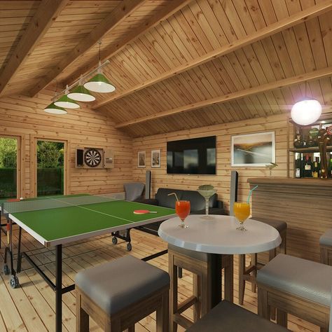 Summer Cabin Interior, Summer House Gym Ideas, Summer House Games Room, Wooden Summer House Interior, Summer House Ideas Interior, Inside Summer House Ideas, Log Cabin Garden, Games Room Summerhouse, Summer House Bar Ideas