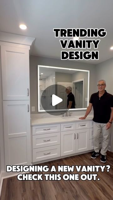 Interior Designer| DIY Home Expert| Torry Manzo on Instagram: "Would This Vanity Work in Your Bathroom.
Trending Bathroom Design Idea. Tell me your Favorite Feature!🤔If you want the list of materials please Type VANITY and I Send You the List. #design #vanity #ledlights #bathroom #bathroomdesign" Master Bath Corner Vanity, Separate Vanities In Master Bath, Bathroom Vanity Ideas One Sink, Master Bath Vanity Ideas Double Sinks, Bathroom Vanity Renovation, Vanity Dimensions, Corner Vanity, Master Bath Vanity, Bathroom Design Trends