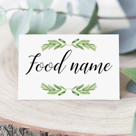 Greenery Food Labels Printable Cards With Watercolor, Food Label Template, Name Tag Templates, Food Cards, Elegant Food, Sprinkle Invitations, Food Tags, Watercolor Greenery, Food Tent