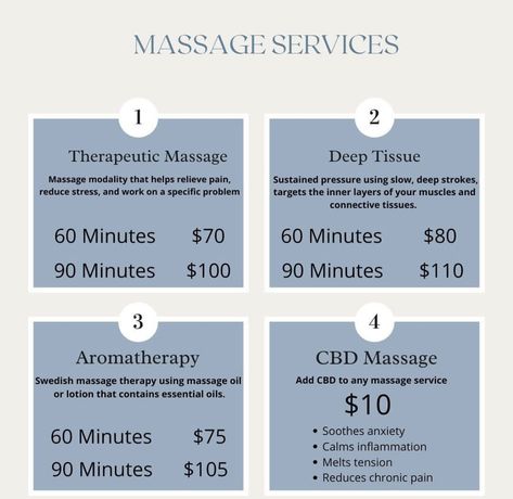 Massage Room Checklist, Massage Therapy Equipment, Mobile Massage Business Ideas, Massage Menu Ideas, Massage Decor, Mobile Massage Therapist, Massage Room Decor, Massage Marketing, Massage Therapy Rooms