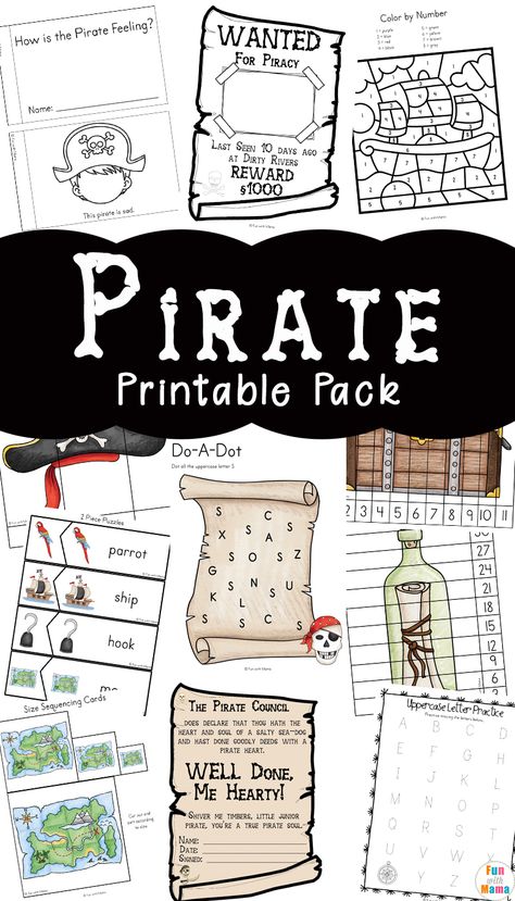 Pirate games for kids, pirate learning activities, free printables via @funwithmama Pirate Games For Kids, Preschool Pirates, Pirate Preschool, Pirate Printables, Pirate Unit, Pirate Week, Pirate Classroom, Pirates Theme, Pirate Coloring Pages