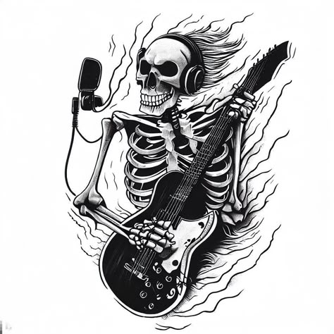 A skeleton with headphones on, holding a guitar and playing a rock concert. tattoos art Skeleton Band Tattoo, Singing Skeleton Tattoo, Skeleton Music Tattoo, Skeleton With Headphones, Music Skeleton, Acdc Poster, Skull Drawing Sketches, Holding A Guitar, Guitar Tattoo