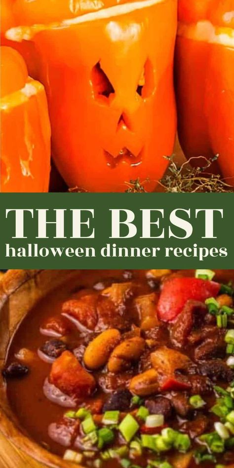 Get in the Halloween spirit with these delicious dinner recipes. From white mac & cheese to witches brew stew, these recipes are perfect for a festive dinner on Halloween night. Witches Brew Stew, Chicago Dog Recipe, Halloween Stuffed Peppers, Halloween Dinner Recipes, White Mac And Cheese, Recipes For Halloween, Slow Cooker Beans, Themed Dinner Party, Halloween Food Dinner