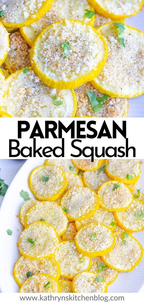 Parmesan Baked Squash makes the perfect appetizer or side dish.  Yellow squash is baked with a crispy parmesan topping that's full of flavor. The squash is soft on the inside and crunchy on the outside. #sidedish #vegetables #squash #easyrecipes Squash Parmesan Recipe, Baked Squash, Ham And Beans, Ham And Bean Soup, Star Food, Healthy Side Dishes, Side Dishes Easy, Vegetable Side Dishes, Vegetable Dishes