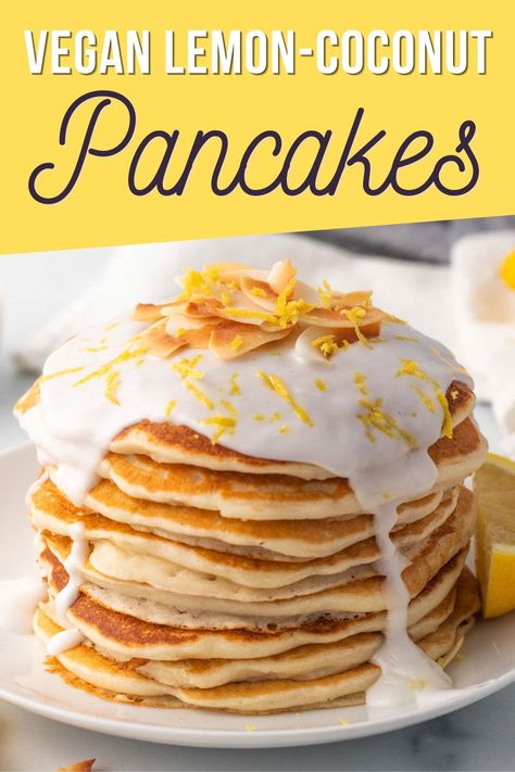 These light and fluffy Vegan Lemon Coconut Pancakes are a dairy-free, egg-free breakfast the entire family will love. You don't need any special ingredients for these vegan pancakes. Coconut Pancakes Recipe, Coconut Milk Pancakes, Family Friendly Breakfast, Lemon Pancakes, Freeze Pancakes, Coconut Pancakes, Pancake Calories, Fun Breakfast, Pancake Toppings