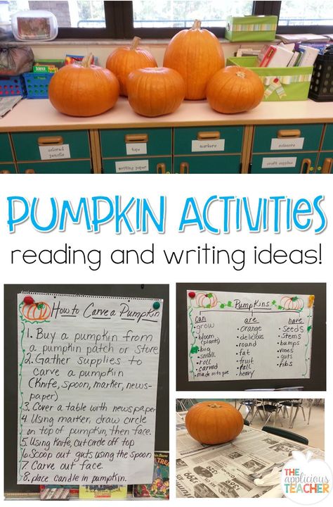 Pumpkin Reading and Writing activities. Love these engaging ideas for incorporating pumpkins into your all week long lessons. Activities For Reading, Pumpkin Reading, Pumpkin Science, Reading And Writing Activities, Pumpkin Math, Pumpkin Unit, Pumpkin Life Cycle, Fall Classroom, Pumpkin Activities