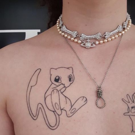 Chest Anime Tattoo, Cat Anime Tattoo, Pokemon Chest Tattoo, Pokemon Line Tattoo, Mew Pokemon Tattoo, Anime Chest Tattoo, Small Pokemon Tattoo, Espeon Tattoo, Mew Tattoo