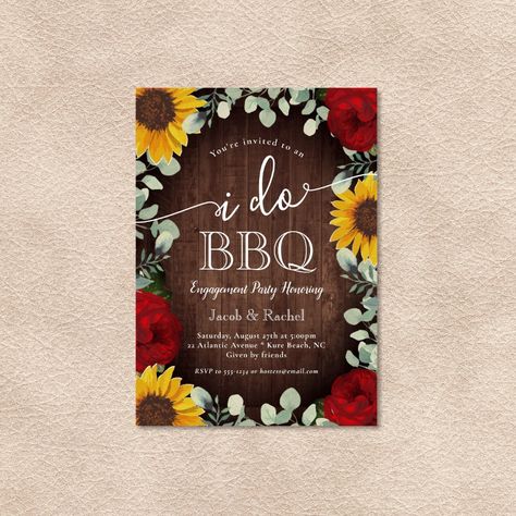 Sunflowers Roses Greenery I Do BBQ Engagement Invitation  Zazzle Red Sunflower Wedding, Engagement Party Rustic, Couples Engagement Party, Sunflowers Roses, Sunflower Wedding Decorations, Sunflowers And Roses, Sunflower Themed Wedding, Red Sunflowers, Country Garden Weddings