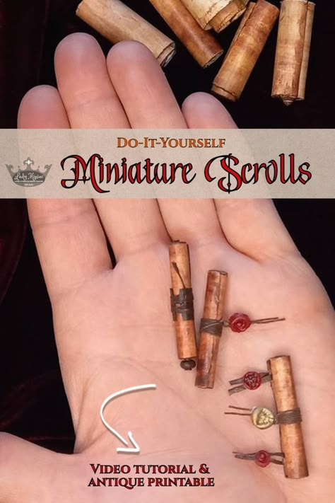 An antique Medieval scroll printable and free DIY YouTube tutorial showing how to make miniature (1:12 scale) manuscript scrolls. Both vertical and horizontal, these enchanting mini Medieval scrolls are tied up with miniature leather cord and twine, and sealed with mini stamps and real wax seals! 💗Create captivating pendant seals and an umbilicus to unfurl and reroll the horizontal scroll! This printable is double-sided and makes a set of 2 scrolls #miniaturescrollstutorial #miniaturescrollsdiy Miniature Globe Diy, Mini Scrolls Diy, How To Make A Scroll Diy, Mini Doll House Diy Free Printables, 1/12 Miniatures, 1 12 Scale Miniatures Printables Free, Making Miniatures Diy, Free Miniature Printables 1:12, 1 12 Scale Miniatures Diy