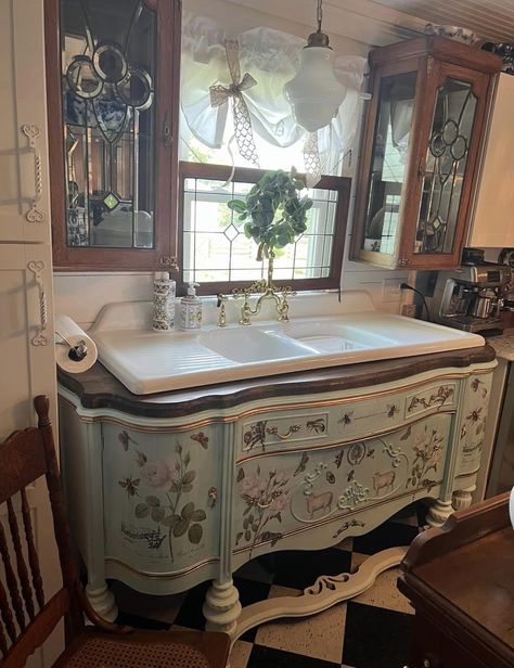 Sink In Dresser, Garage Suite, Antique Kitchen Island, Vintage Kitchen Sink, Reclaimed Kitchen, Kitchen Sink Install, Sanctuary Decor, Unfitted Kitchen, Repurposed Kitchen