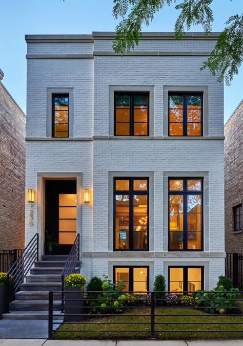 2 Flat Reborn - Contemporary - Exterior - Chicago - by bba ARCHITECTS | Houzz Flat Roof Brick House, White Brick Townhouse, Narrow Townhouse, Contemporary Exterior Homes, Townhome Ideas, Duplex Ideas, Townhouse Exterior, Modern Townhouse, Roof Ideas