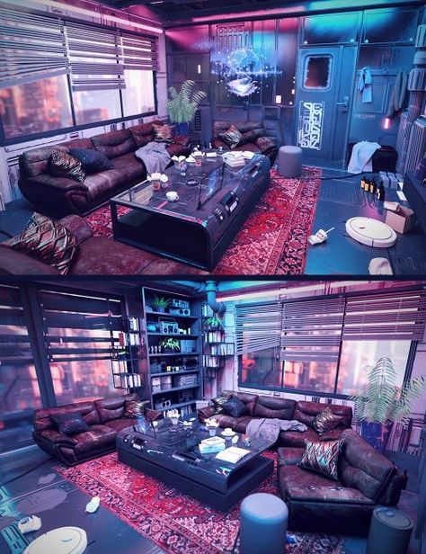 Cyberpunk Studio Apartment, Cyberpunk Living Room, Cyberpunk Interior Design, Cyberpunk Apartment, Cyberpunk Interior, Retro Cyberpunk, Art Final, Condo Living Room, Futuristic Interior