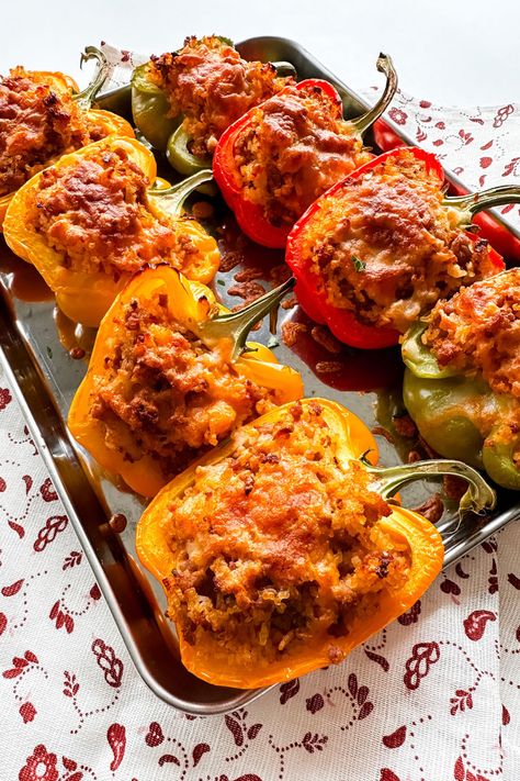 Ground Pork Stuffed Peppers | Lynn Mumbing Mejia Pork Stuffed Peppers, Recipe Using Ground Pork, Dinner Hosting, Rice Stuffing, Quick Meal Prep, Homemade Dinner Recipes, Bell Pepper Recipes, Sweet Bell Peppers, Sausage And Peppers