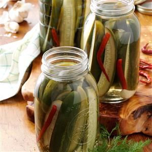 Grandma's Dill Pickles Recipe -Treasured family recipes like this one become like old friends. These crispy spears have a slightly salty, tart flavor with a good balance of dill, garlic and peppers. —Betty Sitzman, Wray, Colorado Easy Dill Pickles, Types Of Pickles, Salty Tart, Dill Pickle Recipe, Pickled Foods, Pickled Cucumbers, Pickled Okra, Pickles Recipe, Canning Pickles