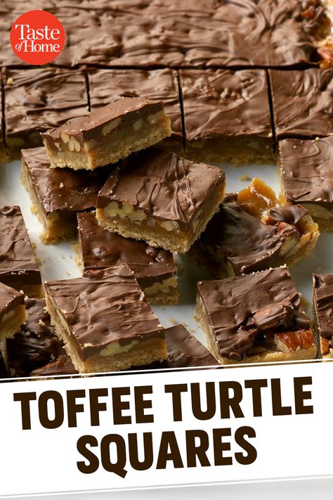 Turtle Dream Bars, Turtle Cookie Bars Recipe, Thanksgiving Squares, Easy Squares Recipe, Turtle Squares, Desserts Bars, Toffee Squares, Turtle Bars, Bar Desserts