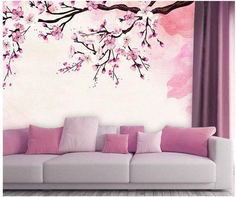 wall26 - Large Wall Mural - Watercolor Style Ink Painting Pink Cherry Blossom on Vintage Wall Background | Self-Adhesive Vinyl Wallpaper/Removable Modern Wall Decor - 66x96 inches - - Amazon.com Cherry Blossom Wall Art, Large Wall Murals, Bedroom Murals, Pink Cherry Blossom, Wall Murals Painted, Decorating Styles, Pink Cherry, Wallpaper Removable, Room Design Bedroom