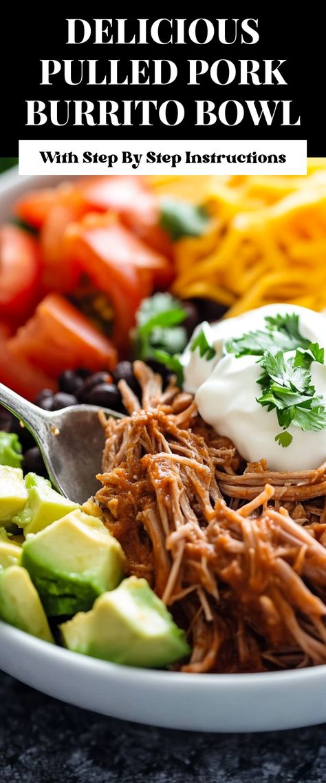 Image for Delicious Pulled Pork Burrito Bowl Shredded Pork Rice Bowl, Pulled Pork Bowls, Pork Burrito Bowl, Savory Pulled Pork, Healthy Pork, Green Snacks, Plant Based Cheese, Cozy Dinner, Pork Tacos