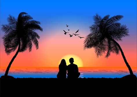 graphics image A couple man and women sitting look at sunset on the beach design vector illustration Beach Wedding Drawing, Beach Wedding Painting, Beach Wedding Illustration, Couple Sunset Painting, Couple On Beach Painting, Romantic Sunset Painting, Romantic Paintings Couple, Hindi Project, Office Paintings