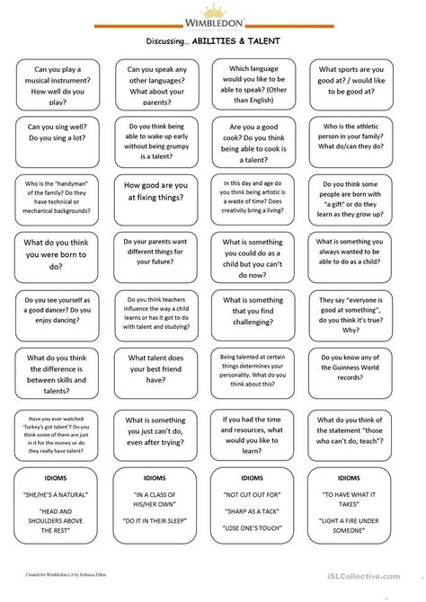 Abilities and Talent - English ESL Worksheets for distance learning and physical classrooms Talents To Learn, Business Speaking, Convo Topics, Speaking Worksheet, Esl Speaking Activities, Speaking Questions, English Language Learning Activities, Speaking Activities Esl, Speaking Games