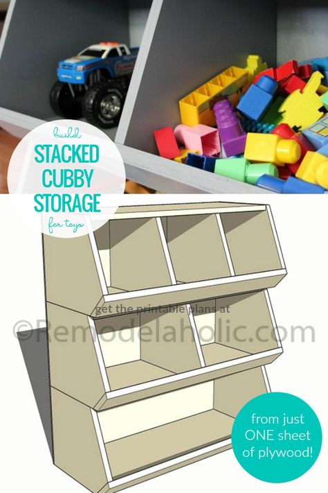 Build a stacked cubby storage toy organizer to keep toys tidy! This easy beginner build takes just one sheet of plywood and a few hours. Organize toys, blocks, books, dolls, trucks, and more in a kids' room, play room, family room, or craft room. Printable woodworking plans, instant download. #remodelaholic #beginnerwoodworking #woodworkingplans #toystorage  #kids Diy Cubby Storage, Diy Cubbies Storage, Jesse Turner, Toy Organization Diy, Toy Storage Shelves, Storage For Toys, Boys Room Diy, Organize Toys, Childrens Toy Storage