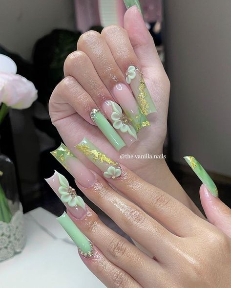 Cute Art Designs, Vanilla Nails, Quinceanera Nails, Gold Acrylic Nails, Green Acrylic Nails, Long Acrylic Nail Designs, Glow Nails, Long Acrylic Nails Coffin, Acrylic Nails Coffin Pink