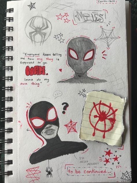 Miles Morales Doodle Art, Miles Morales Painting Easy, Into The Spiderverse Sketchbook, Spiderman Sketchbook Ideas, Into The Spiderverse Sketch, Miles Morales Sketchbook Pages, Miles Morales Spiderman Sketch, Spiderman Sketchbook Page, Spider Man Sketch Pencil