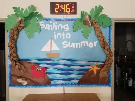 35 Summer Bulletin Board Ideas for 2021 Bulletin Board Beach Theme, Summer Fun Bulletin Board Ideas, Sailing Into Summer Bulletin Board, Sailing Bulletin Board Ideas, May Bulletin Board Ideas Daycare, Beach Themed Bulletin Board Ideas, Summer School Bulletin Boards, Summer Boards Bulletin, Summer Themed Bulletin Board Ideas