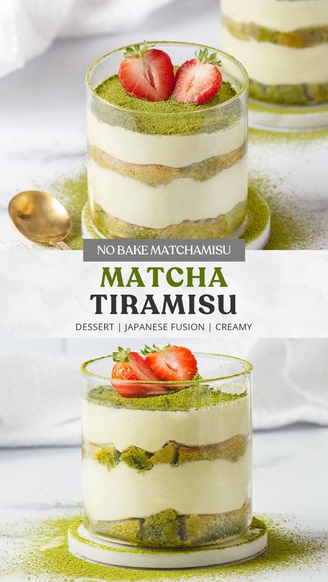 Matcha tiramisu layered in a rocks glass from straight on and three quarter angle. Matcha Tirimasu, Green Tea Tiramisu, Tea Flavored Desserts, Pretty Tiramisu, Macha Tiramisu, Ladyfingers Recipe Desserts, Matcha Deserts, Tiramisu Flavors, Matcha Treats