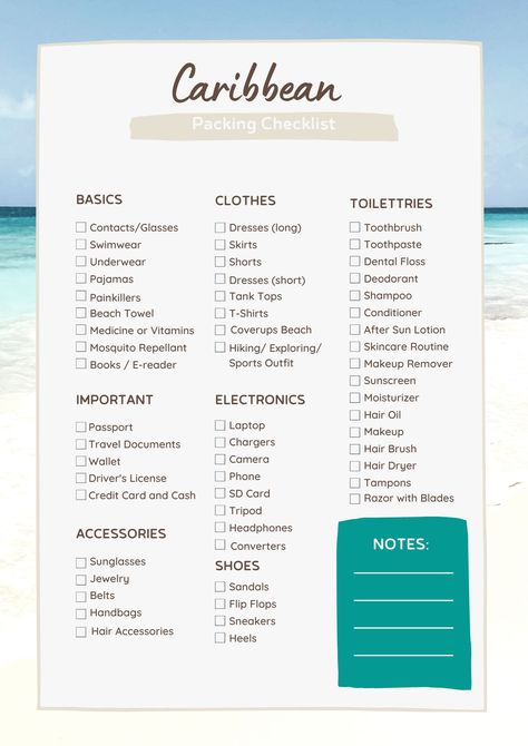 Picture of a check list Caribbean Packing Ultimate Checklist with items listed and beach in the background Checklist For Packing For Vacation, Dominican Republic Travel Checklist, Caribbean Vacation Packing List, Caribbean Packing List, Bahamas Packing List, Vacation Checklist, Travel Packing Checklist, Carribean Cruise, Packing Checklist