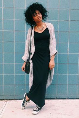 Outfit Ideas for Every School Event, From Football Games to Study Dates Cute Casual Dresses For Fall, Cardigan Over Black Dress, Black Maxi Dress With Sneakers, Maxi Dress With Long Cardigan, Outfits With Long Black Dress, Long Cardigan And Dress Outfit, Black Maxi Dress Fall Outfit, Black Maxi Dress With Boots, Long Dress And Sweater Outfit