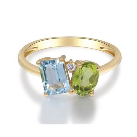 Helzberg Diamonds Blue Topaz, Peridot And Diamond Toi Et Moi Ring In 10k Yellow Gold Size 6 Description This Alluring Toi Et Moi Ring Features One Emerald Cut Blue Topaz, One Oval Peridot And One Brilliant Cut Diamond Accent In A Glistening 10k Yellow Gold Setting. Peridot Ring Gold, Dual Birthstone Ring, Stone Ring Design, Birthstone Engagement Rings, August Birthstone Ring, Radiant Engagement Rings, Colored Stone Rings, Multi Gemstone Ring, Helzberg Diamonds