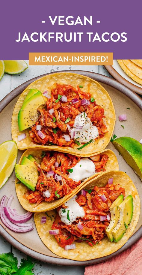 These pulled jackfruit tacos feature juicy and tender jackfruit simmered in a sweet and smoky homemade BBQ sauce! They are finished with a generous dollop of zesty garlic yogurt sauce for plenty of freshness. Hearty, comforting, and so simple to prepare! #vegantacos #vegan #jackfruit Fresh Jackfruit Recipes, Garlic Yogurt Sauce, Ripe Jackfruit, Pulled Jackfruit, Recipes Sandwiches, Vegan Jackfruit, Garlic Yogurt, Jackfruit Tacos, Bbq Jackfruit