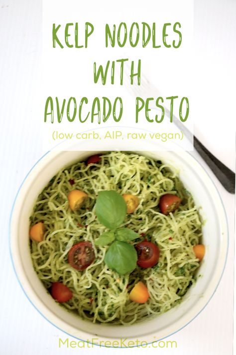 Kelp Noodles With Creamy Avocado Pestto | Meat Free Keto - This low carb raw vegan dish is easy to put together, and so delicious you'll want to lick the blender clean after making it! A few simple ingredients combine to make this gluten free, paleo and AIP friendly entree. Kelp Noodle Recipe, Avocado Pesto Recipe, Vegan Keto Diet Plan, Vegan Ketogenic Diet, Vegan Keto Diet, Kelp Noodles, Vegan Keto Recipes, Noodle Recipe, Avocado Pesto