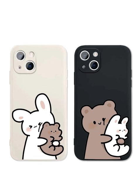 2pcs Couple Cartoon Rabbit & Bear Pattern Phone Case | SHEIN USA Mobile Cover For Couples, Cute Couple Phone Cases, Matching Phone Cases For Couples, Matching Phone Cases Bff, Couple Phone Cases, Best Friend Cases, Matching Iphone Case, Case Iphone Couple, Cartoon Phone Cases