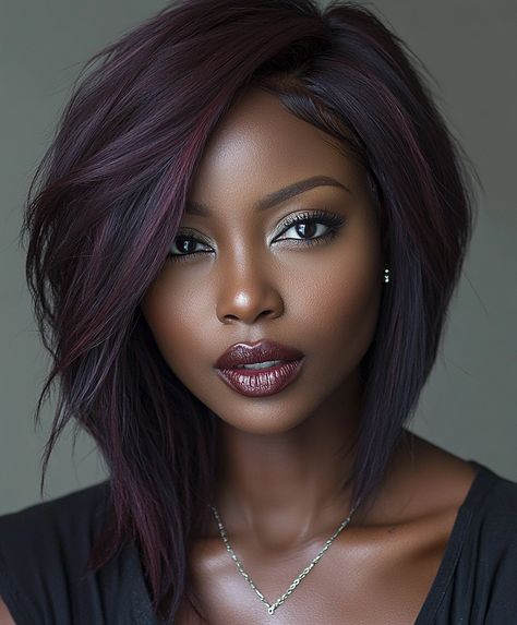 Sleek Mahogany Red Asymmetrical Bob for Black Women Fall Hair: Power Look 💼 Chocolate Bob Black Women, Red Chocolate Hair Color For Black Women, Mid Length Weave Black Women, Black Women Over 40 Hairstyles, Mahogany Brown Hair Color Black Women, Brownish Red Hair Color For Black Women, Colored Afro, Multi Hair Color Ideas, Black Hair With Colored Bangs