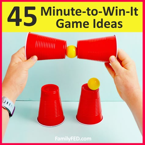 Looking for an easy Minute-to-Win-It–inspired game? Try one of these 45 fun and easy ideas perfect for any party! Group Games For Kids, Crazy Hat, Cup Games, Youth Games, Minute To Win It Games, Bouncy Ball, Family Party Games, Minute To Win, Family Fun Games