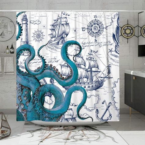 Octopus Bathroom, Nautical Shower Curtain, Nautical Curtains, Ocean Bathroom, Pirate Map, Octopus Decor, Curtains For Bathroom, Extra Long Shower Curtain, Long Shower Curtains