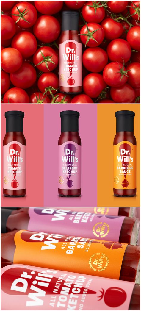 B&B studio - Dr Will's rebrand #condiments #sauces #packaging Bbq Sauce Packaging, Ketchup Packaging Design, Condiments Packaging, Premium Food Packaging, Sauce Packaging Design, Burger Sauces, Sauce Brand, Sauce Packaging, Japanese Sauce