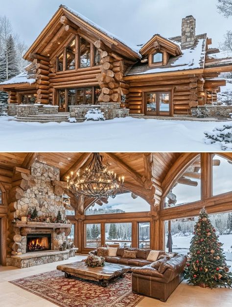 Modern Log Cabin Homes, 2 Story Log Cabin, Log Cabins Exterior, Log Cabin Homes Exterior, Log Cabin Mansions, Log Cabin Exterior, Cabin Mansion, Modern Log Cabin, Vaulted Ceiling Living Room