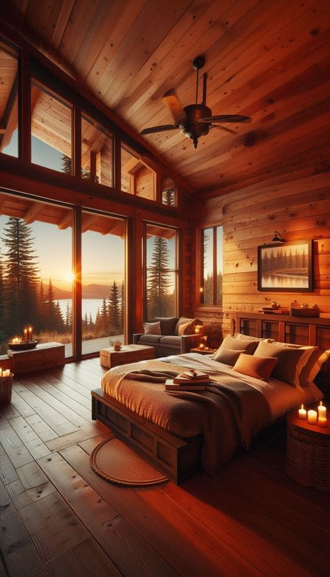 Cedar cabin lake house bedroom concept Cabin Hotel Room, Cabin Master Bed, Cozy Cabin In The Woods Interiors, Bedroom With Lake View, Cabins In The Woods Interior, Michigan Lake House, Cabin Lake House, Bedroom Concept, Cozy Cabin In The Woods